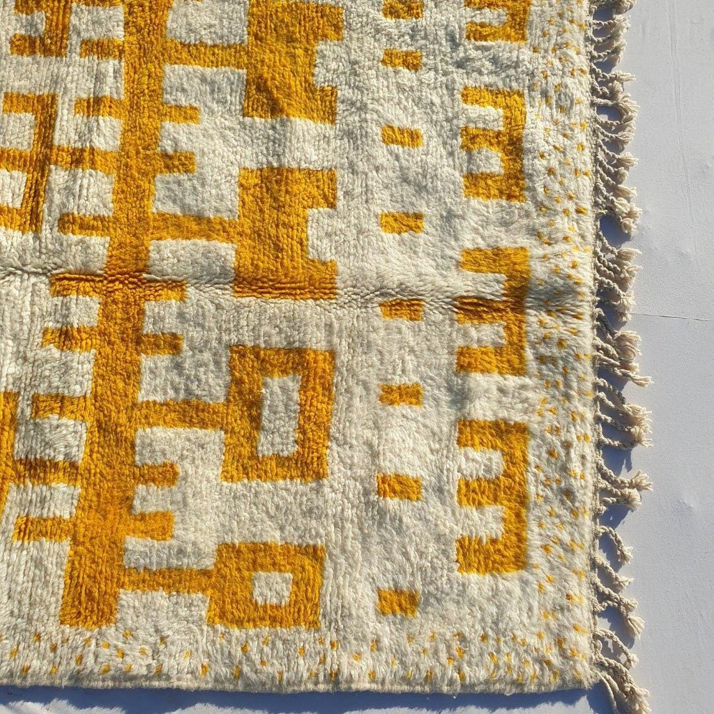 Handmade Yellow and White Wool Berber Rug: Moroccan Striped Carpet