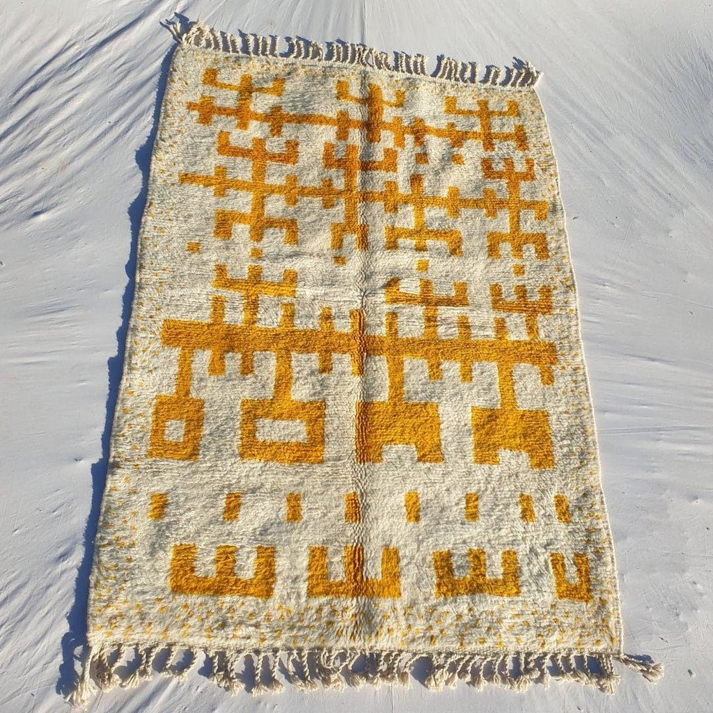Handmade Yellow and White Wool Berber Rug: Moroccan Striped Carpet