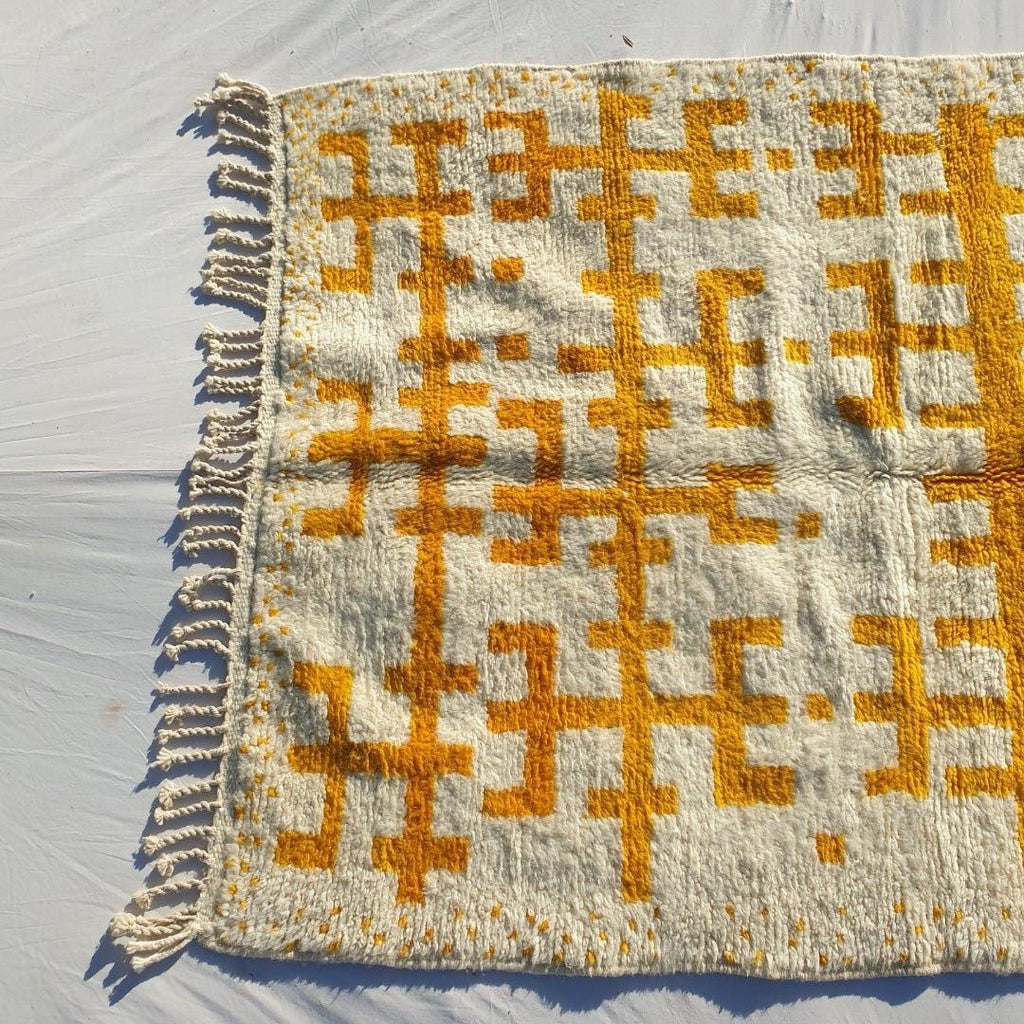 Handmade Yellow and White Wool Berber Rug: Moroccan Striped Carpet
