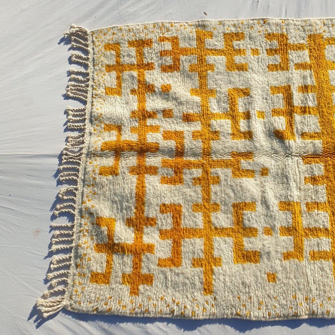 Handmade Yellow and White Wool Berber Rug: Moroccan Striped Carpet