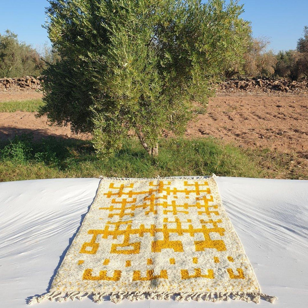 Handmade Yellow and White Wool Berber Rug: Moroccan Striped Carpet