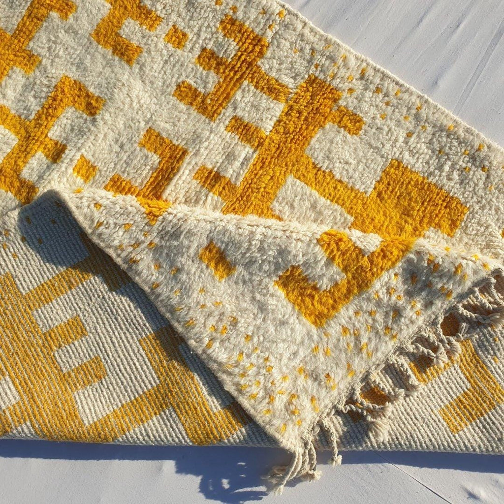 Handmade Yellow and White Wool Berber Rug: Moroccan Striped Carpet