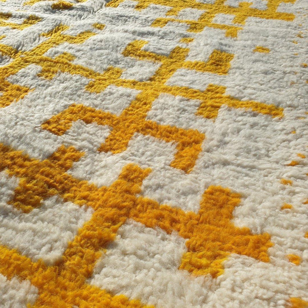 Handmade Yellow and White Wool Berber Rug: Moroccan Striped Carpet