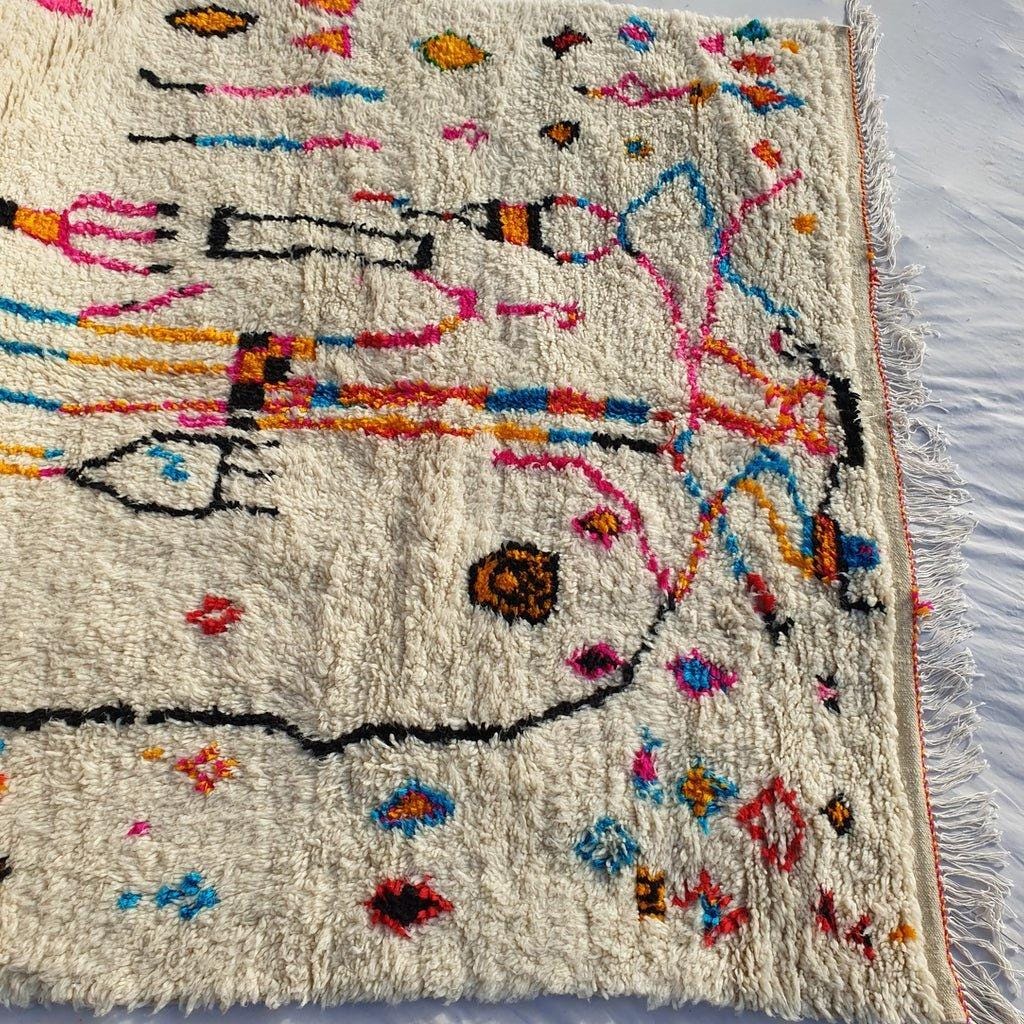 Handmade Beni Ourain Wool Rug: Funky Abstract Moroccan Design