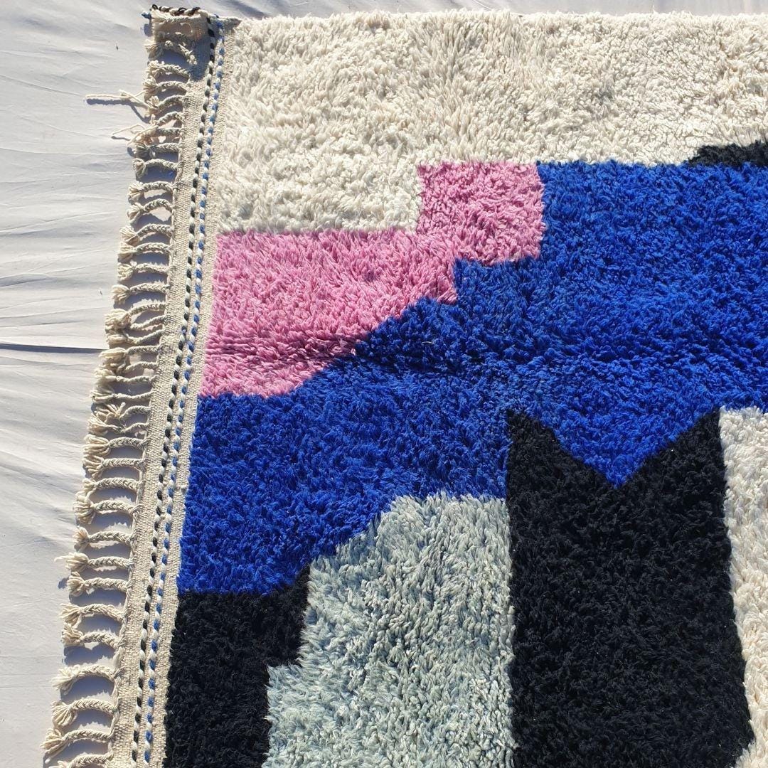 Handmade Moroccan Beni Ourain Rug: Black Geometric Wool Carpet