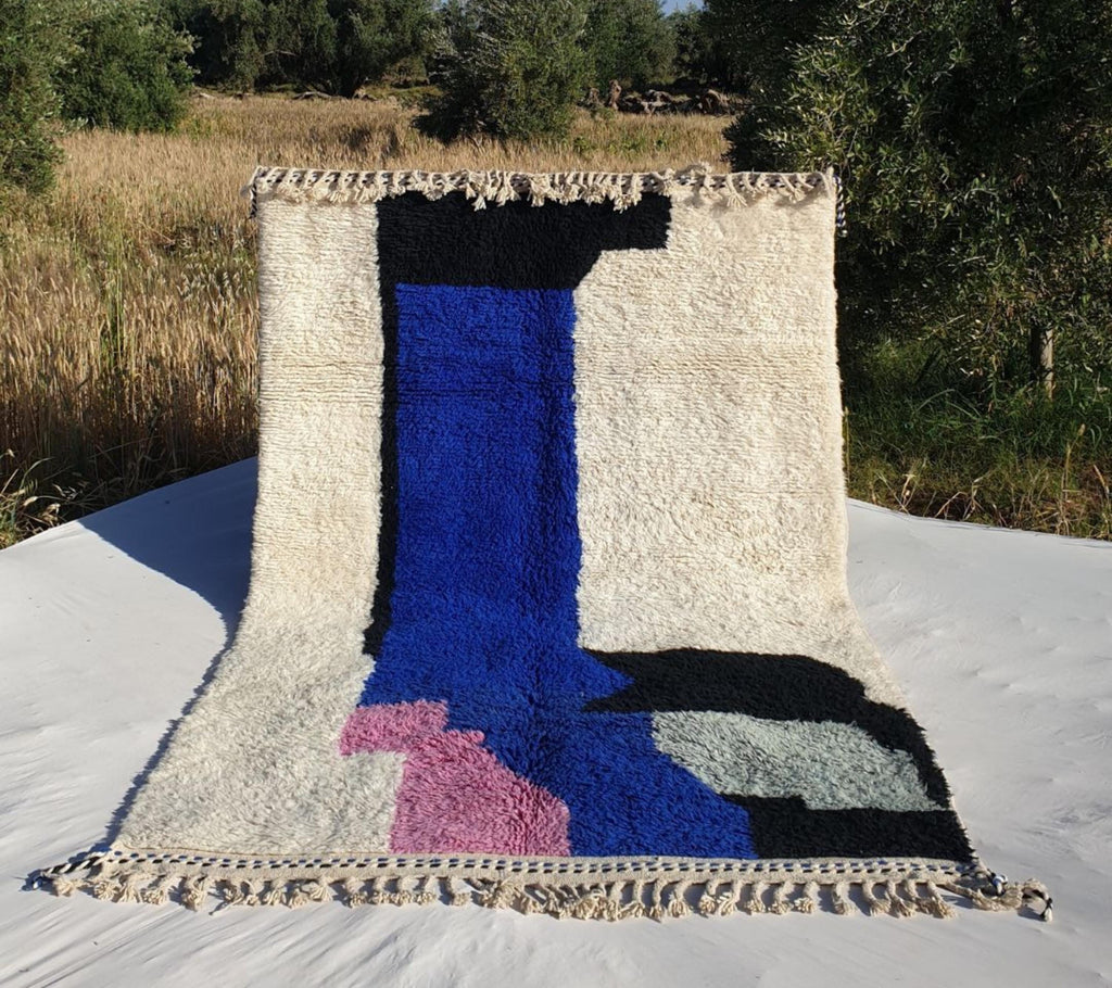 Handmade Moroccan Beni Ourain Rug: Black Geometric Wool Carpet