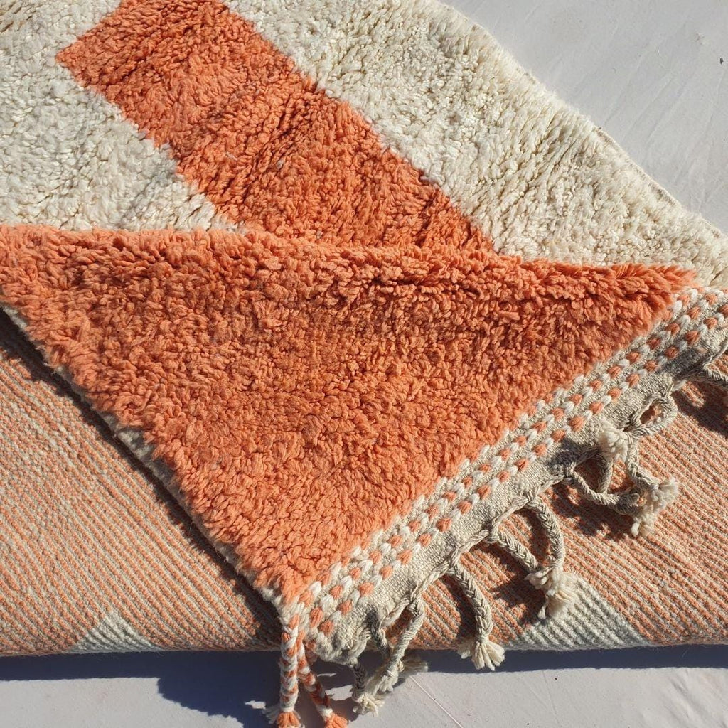 Hand-Knotted Boujaad Wool Rug: White & Orange Moroccan Design