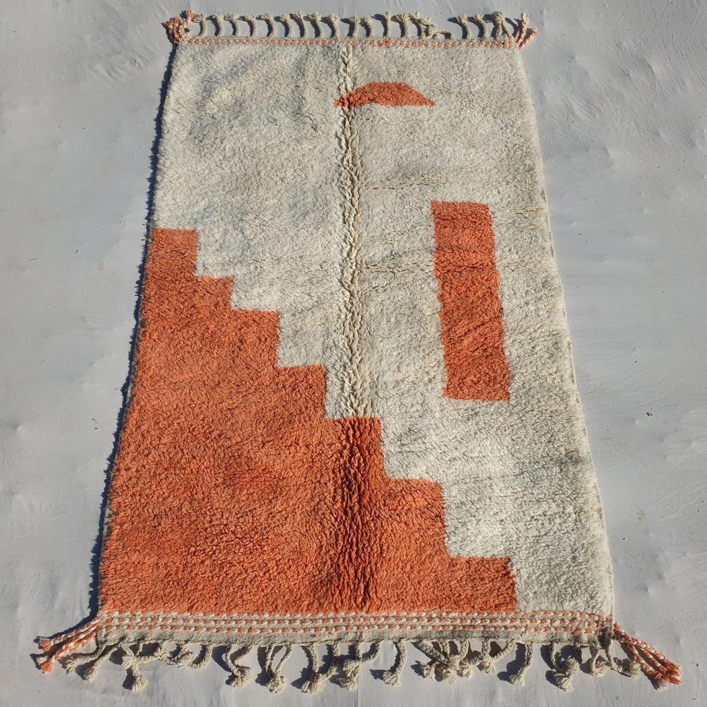 Hand-Knotted Boujaad Wool Rug: White & Orange Moroccan Design