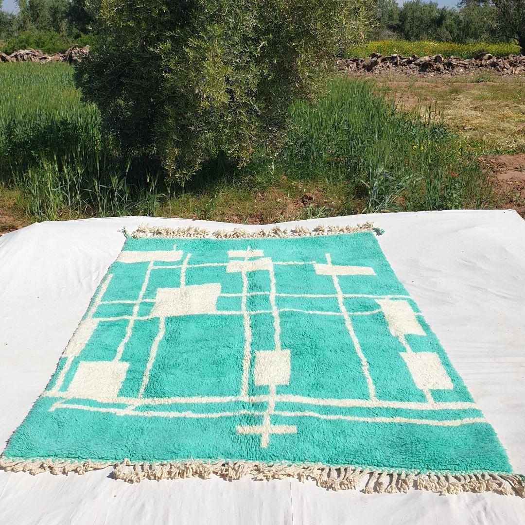 Handmade Turquoise Shag Rug: Moroccan Berber Wool Carpet
