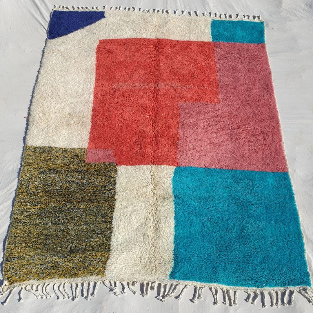 Handmade Beni Ourain Wool Rug: Colorful Shag Moroccan Carpet