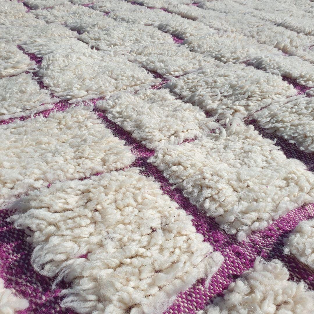 Handmade Wool Moroccan Shag Rug: White & Pink Beni Ourain Style
