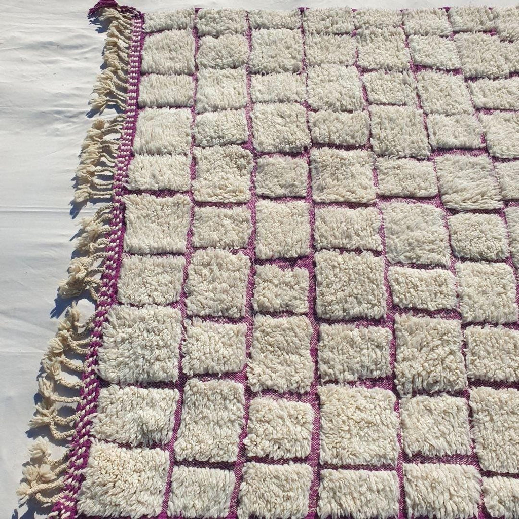 Handmade Wool Moroccan Shag Rug: White & Pink Beni Ourain Style