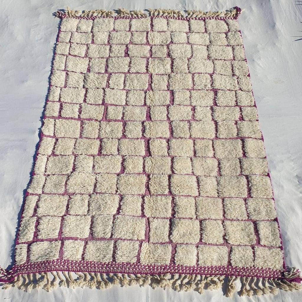 Handmade Wool Moroccan Shag Rug: White & Pink Beni Ourain Style