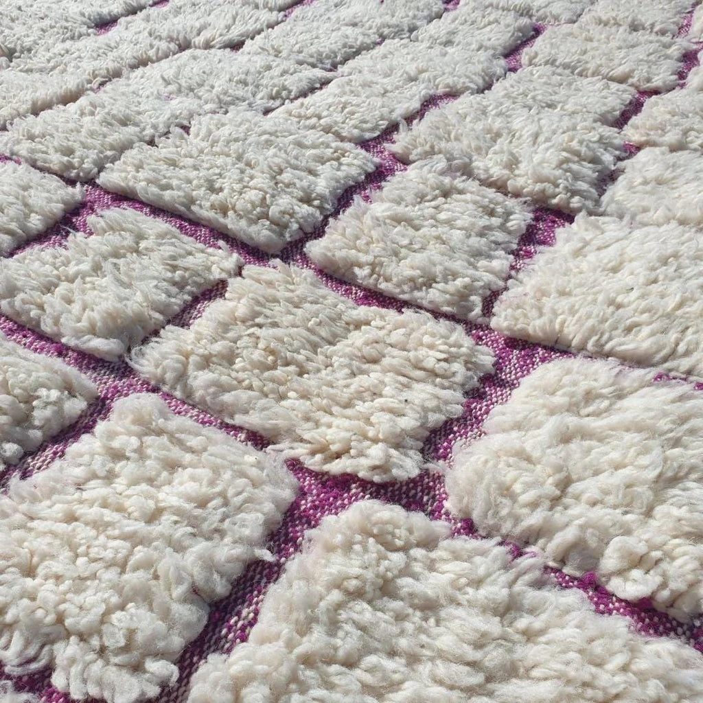Handmade Wool Moroccan Shag Rug: White & Pink Beni Ourain Style
