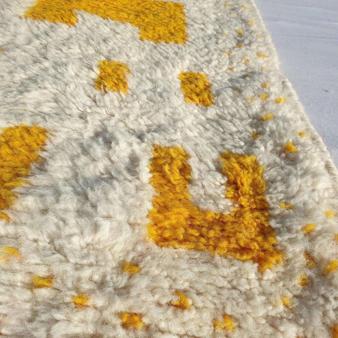 Handmade Yellow and White Wool Berber Rug: Moroccan Striped Carpet