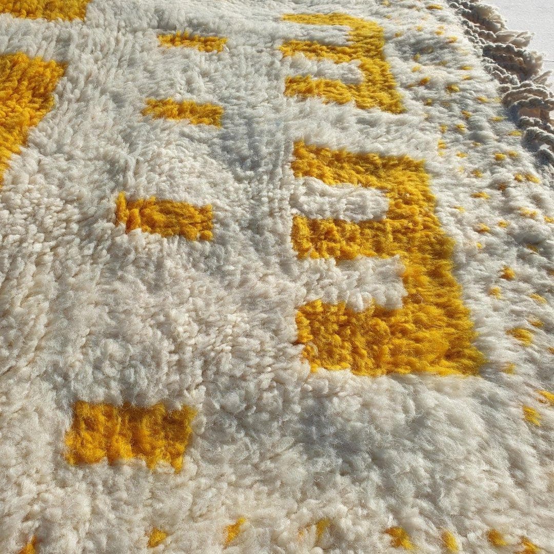 Handmade Yellow and White Wool Berber Rug: Moroccan Striped Carpet