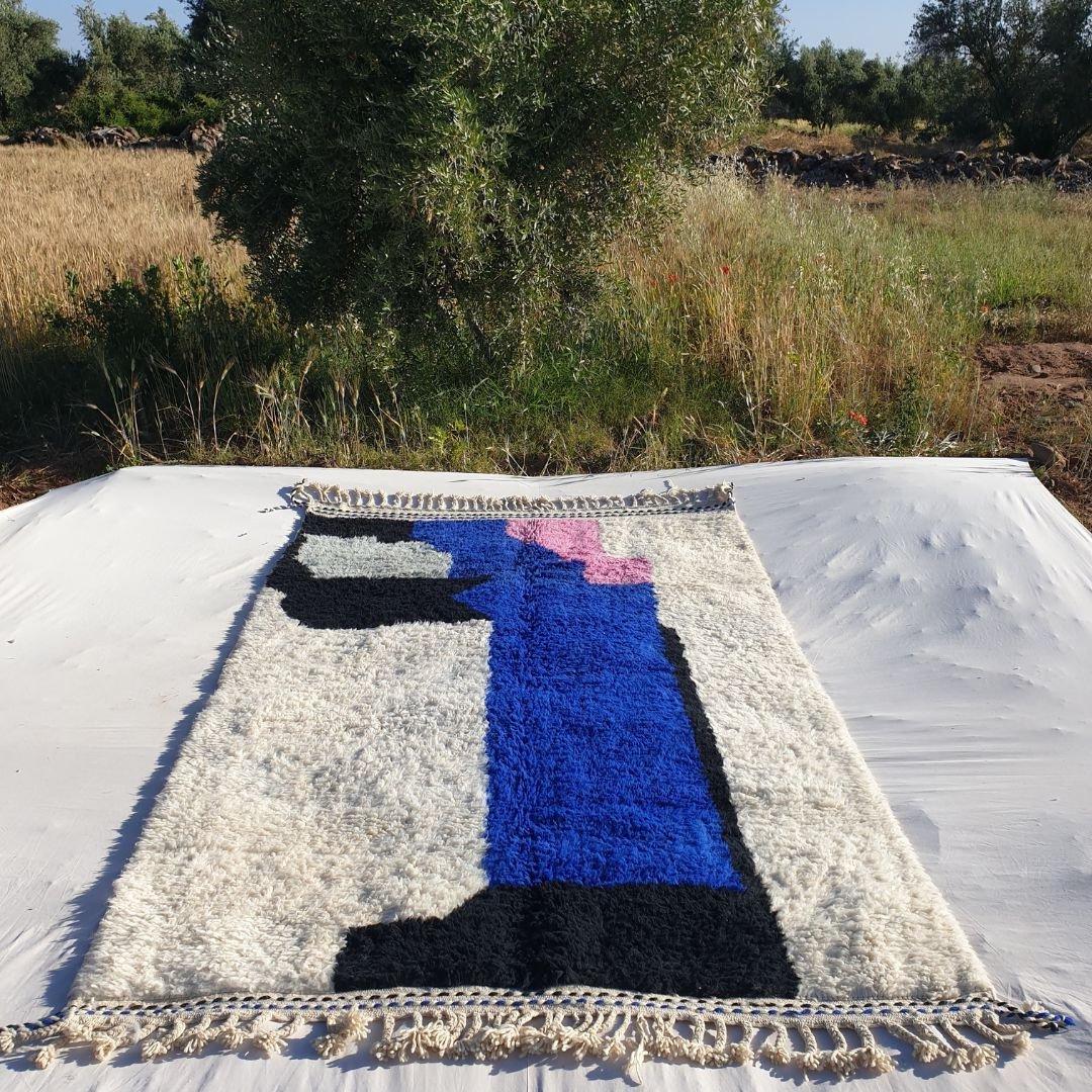 Handmade Moroccan Beni Ourain Rug: Black Geometric Wool Carpet