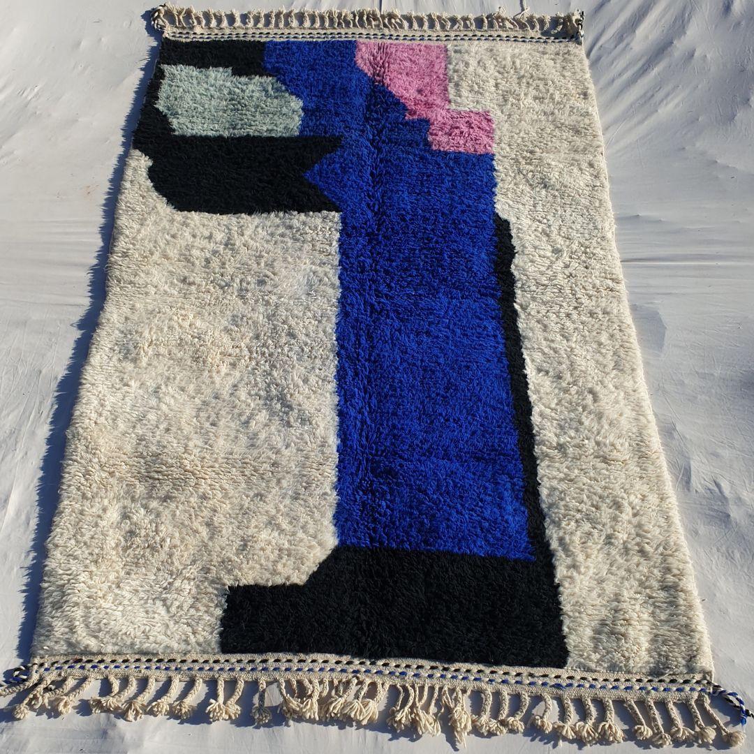 Handmade Moroccan Beni Ourain Rug: Black Geometric Wool Carpet