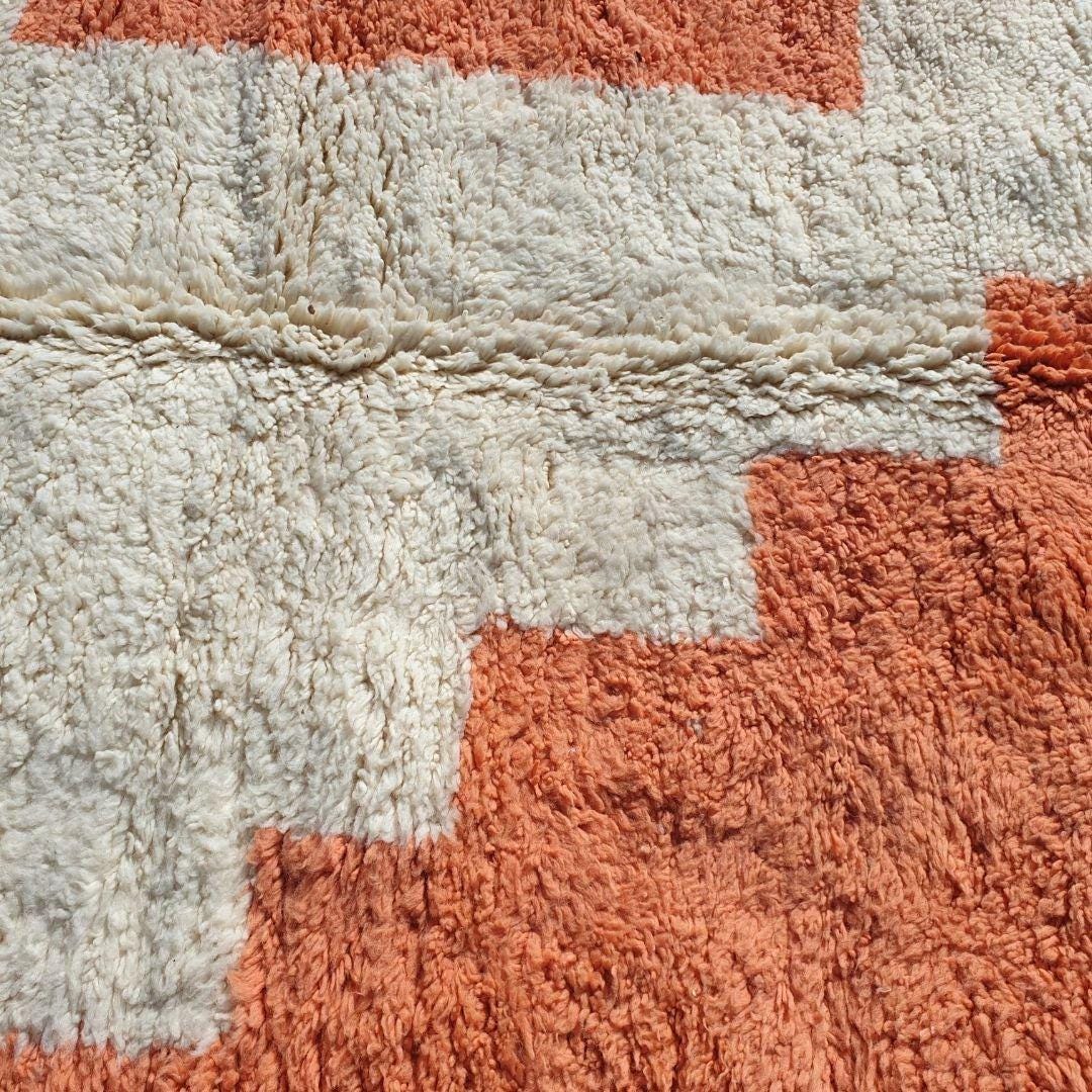 Hand-Knotted Boujaad Wool Rug: White & Orange Moroccan Design