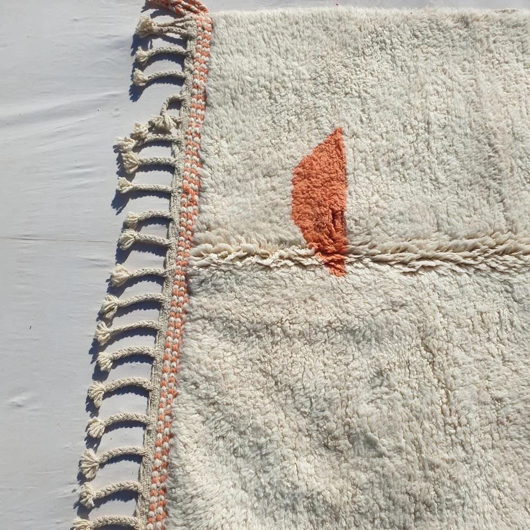 Hand-Knotted Boujaad Wool Rug: White & Orange Moroccan Design