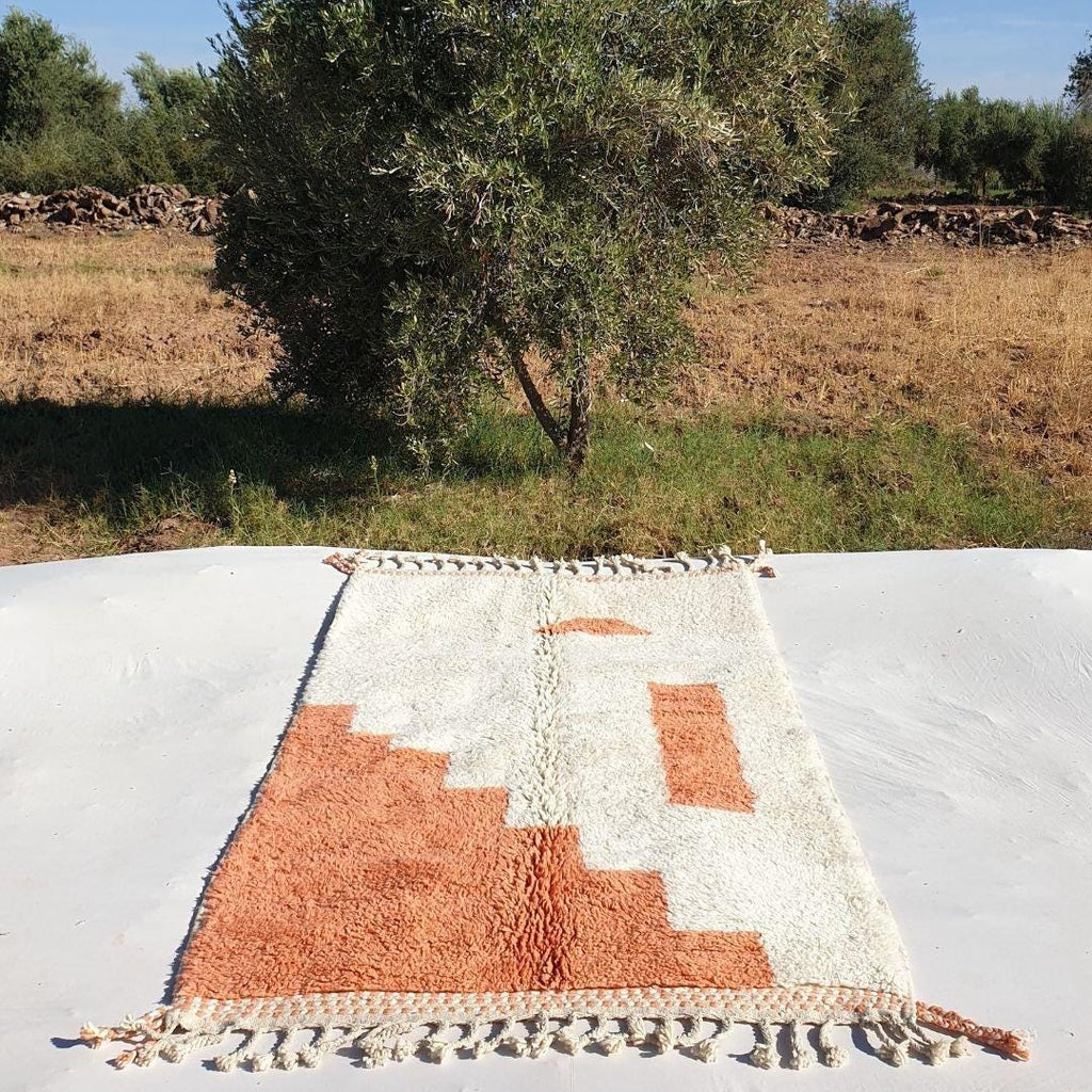 Hand-Knotted Boujaad Wool Rug: White & Orange Moroccan Design