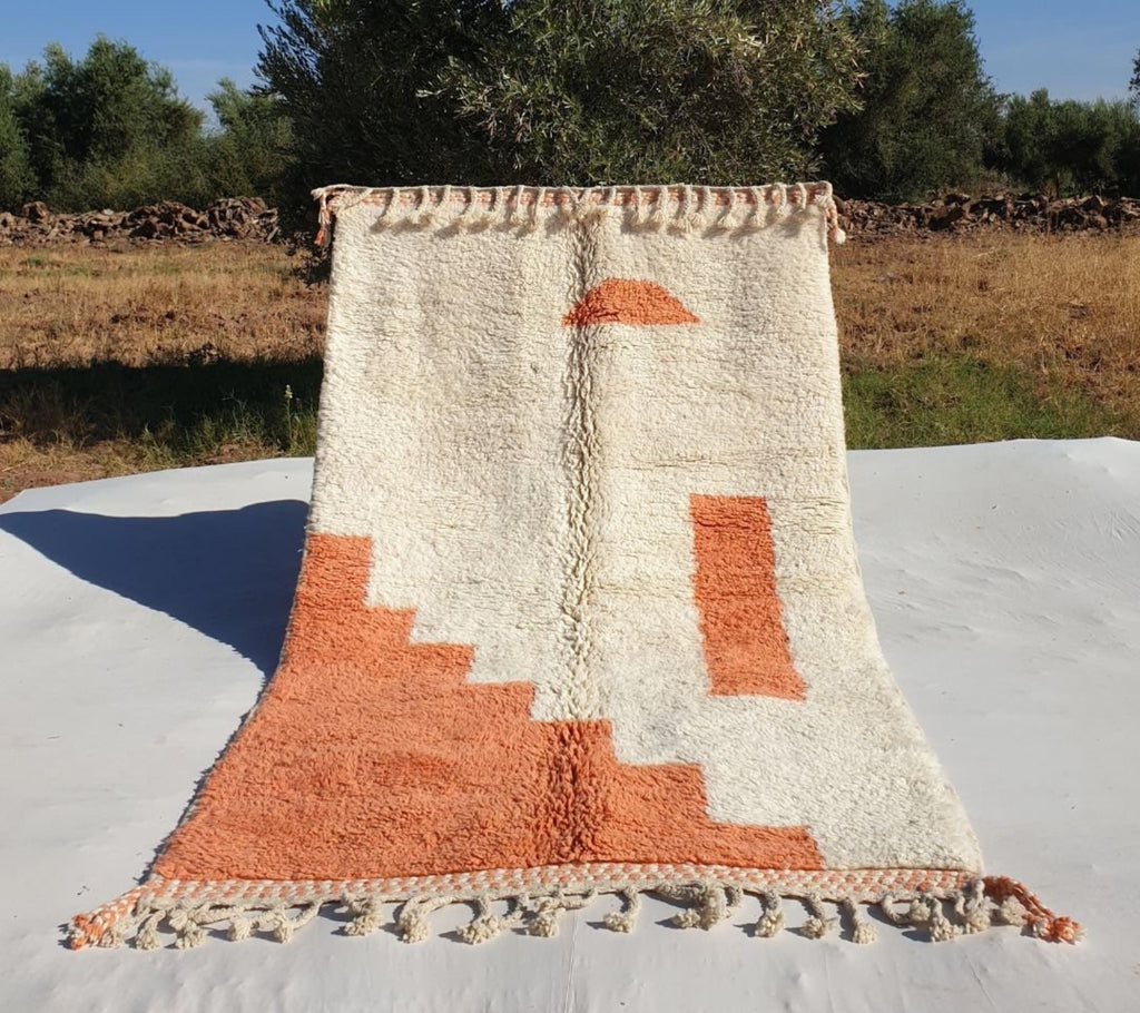 Hand-Knotted Boujaad Wool Rug: White & Orange Moroccan Design