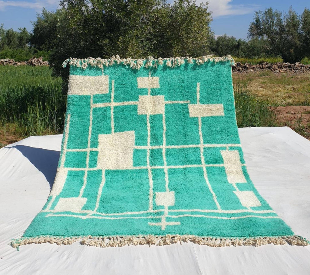 Handmade Turquoise Shag Rug: Moroccan Berber Wool Carpet