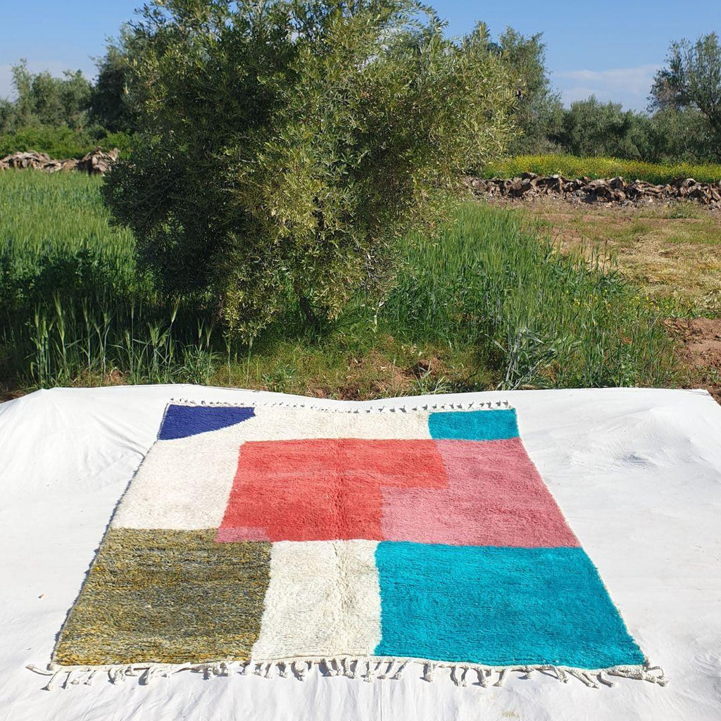 Handmade Beni Ourain Wool Rug: Colorful Shag Moroccan Carpet