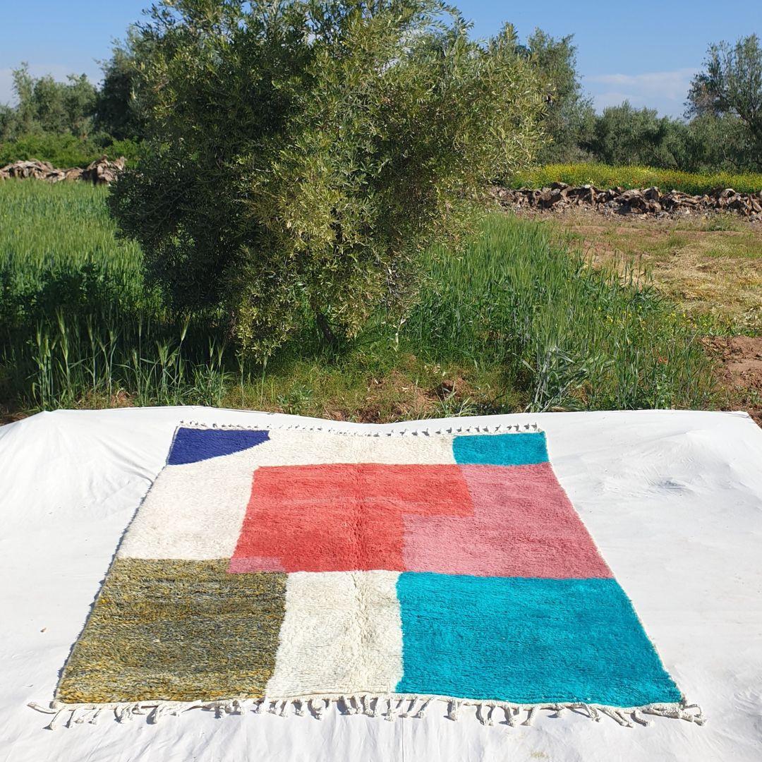Handmade Beni Ourain Wool Rug: Colorful Shag Moroccan Carpet