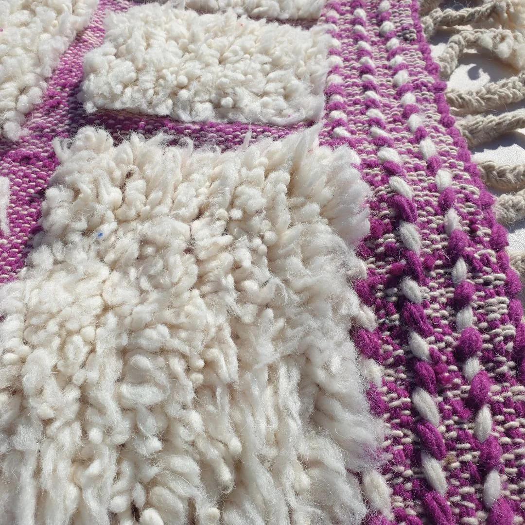 Handmade Wool Moroccan Shag Rug: White & Pink Beni Ourain Style