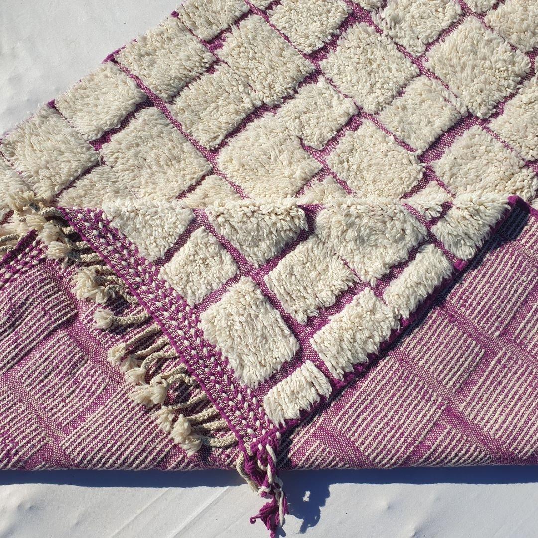 Handmade Wool Moroccan Shag Rug: White & Pink Beni Ourain Style