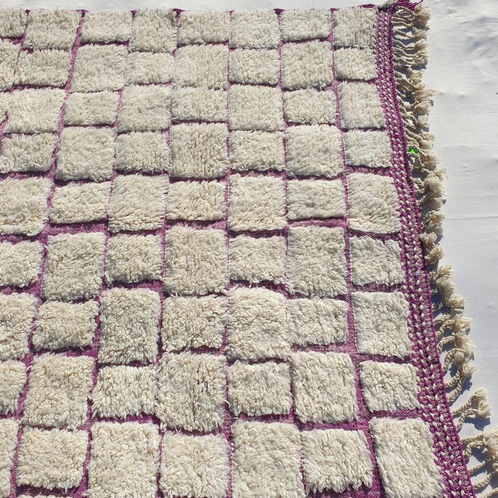 Handmade Wool Moroccan Shag Rug: White & Pink Beni Ourain Style