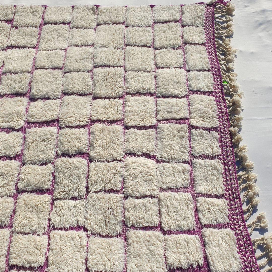 Handmade Wool Moroccan Shag Rug: White & Pink Beni Ourain Style