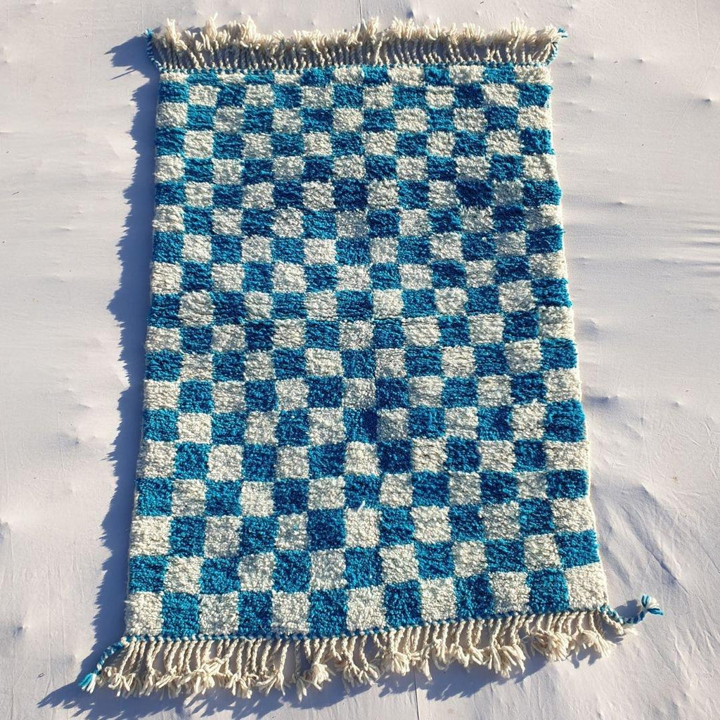 Blue Checkered Moroccan Rug: Handwoven Wool Checkerboard Boujaad Rug