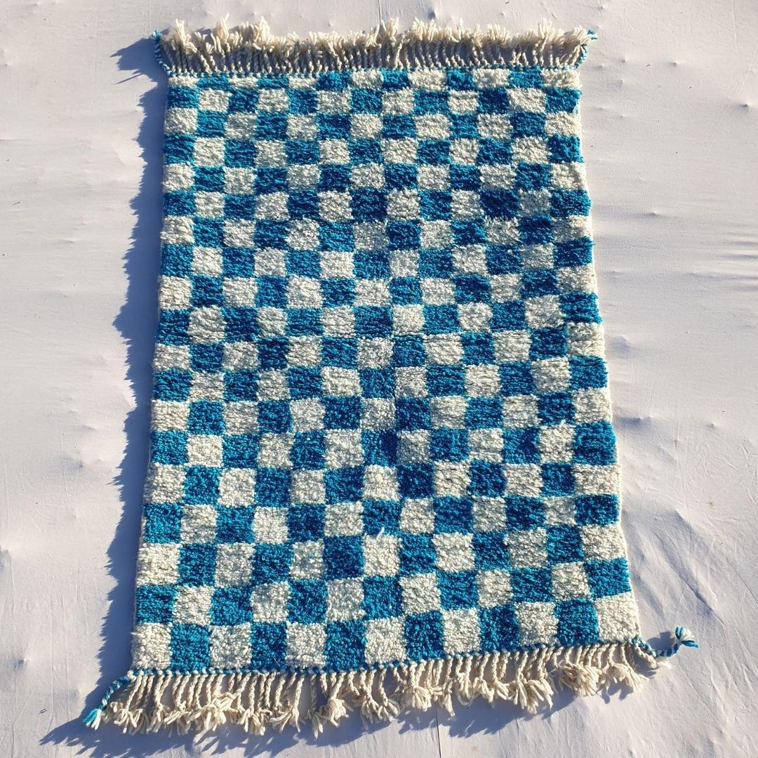 Blue Checkered Moroccan Rug: Handwoven Wool Checkerboard Boujaad Rug