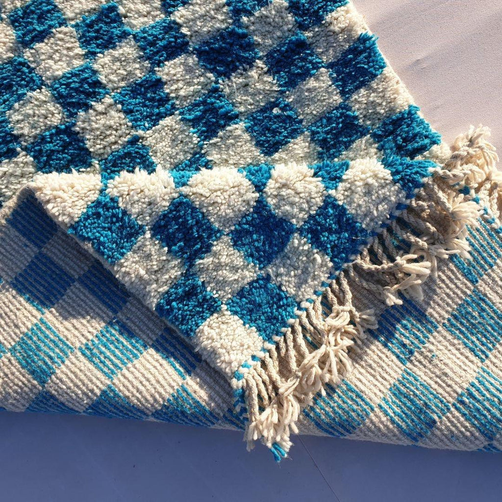 Blue Checkered Moroccan Rug: Handwoven Wool Checkerboard Boujaad Rug