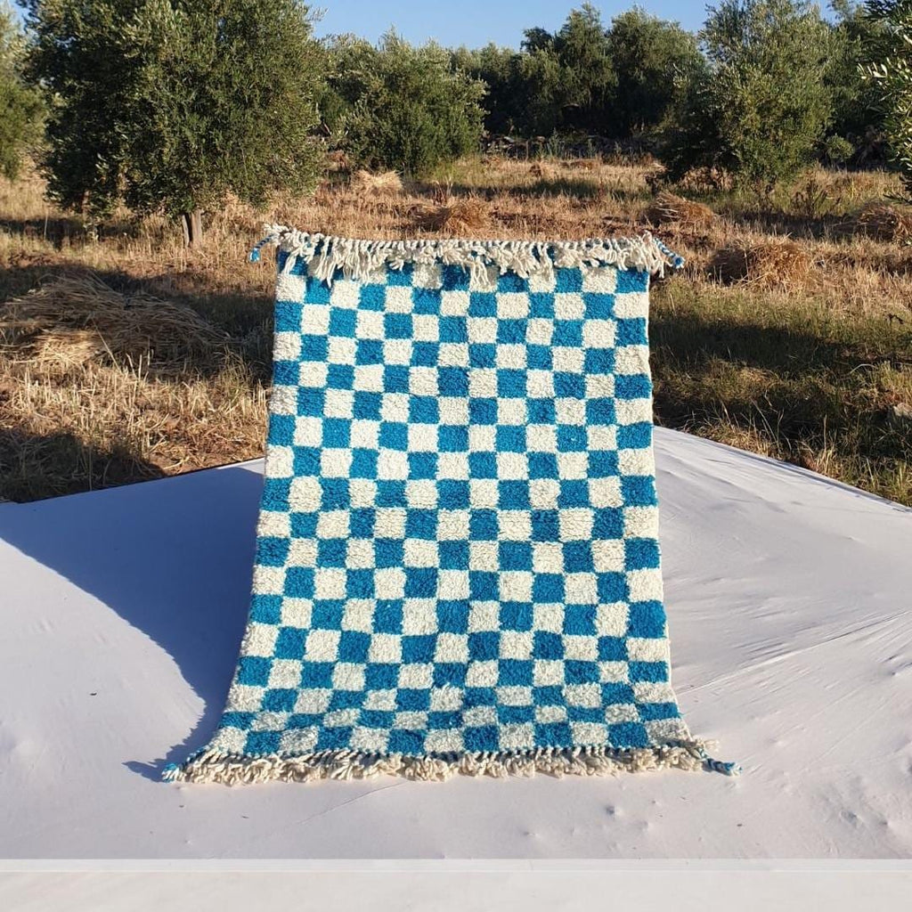 Blue Checkered Moroccan Rug: Handwoven Wool Checkerboard Boujaad Rug
