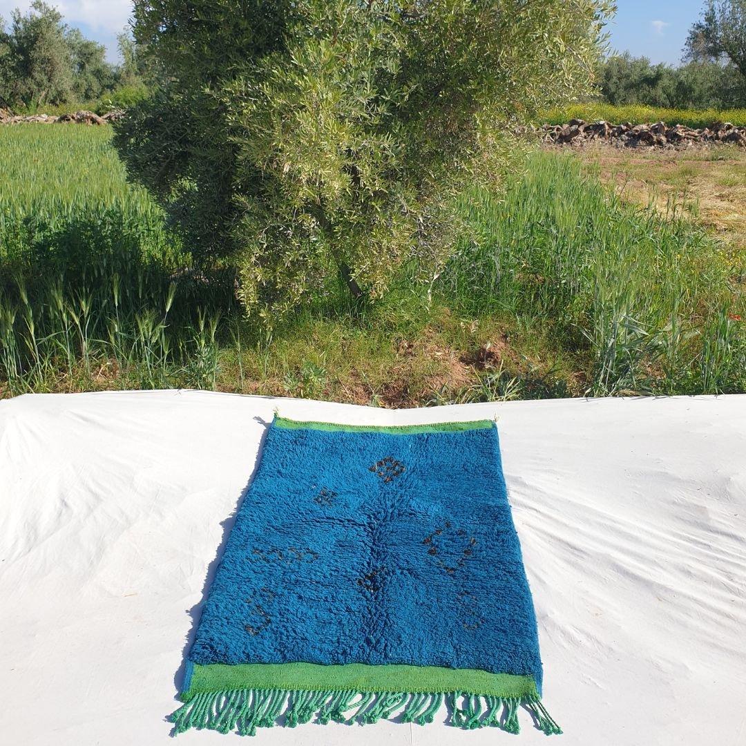 Handmade Beni Ourain Rug: Blue Berber Wool Shag Carpet