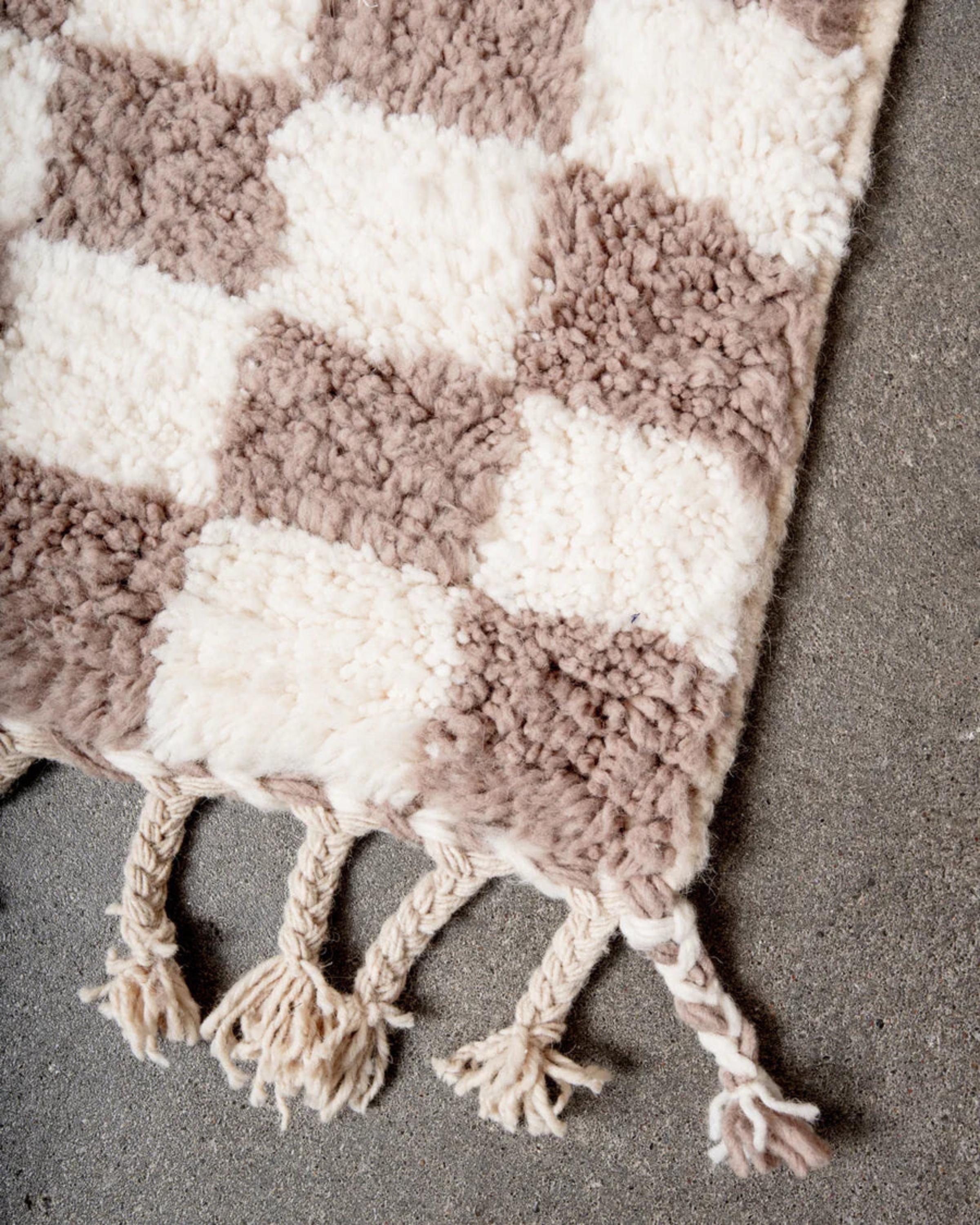 Handwoven Moroccan Shag Rug: Neutral Brown Checkered Plush Rug
