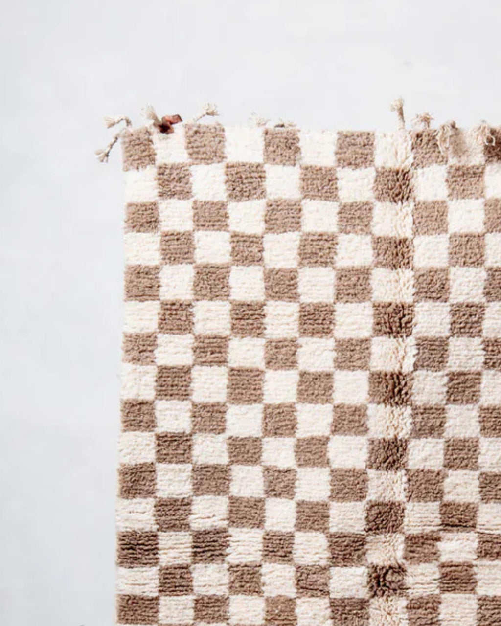 Handwoven Moroccan Shag Rug: Neutral Brown Checkered Plush Rug