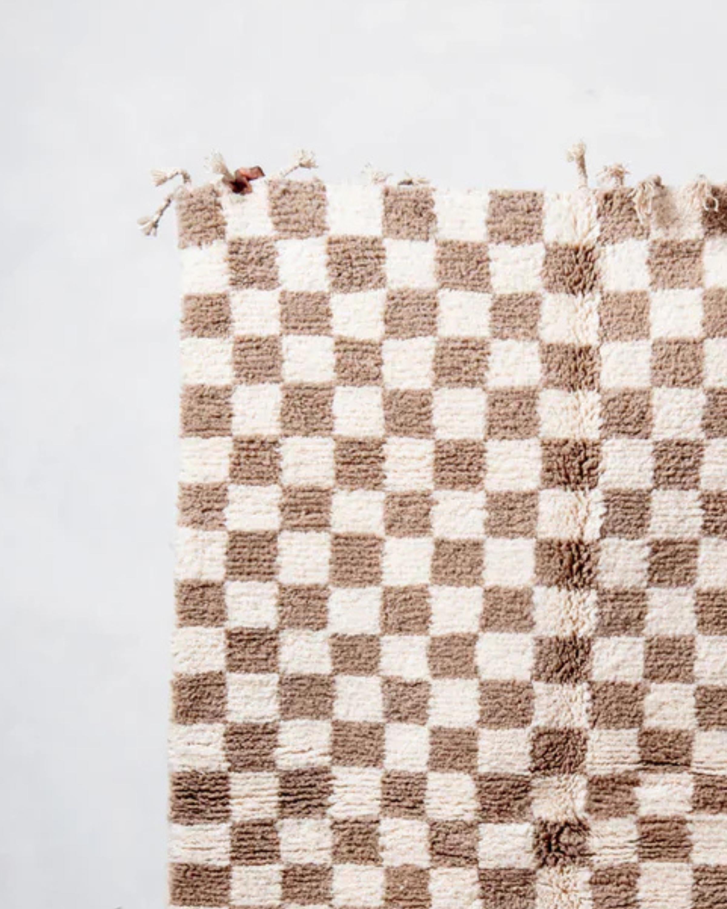 Handwoven Moroccan Shag Rug: Neutral Brown Checkered Plush Rug
