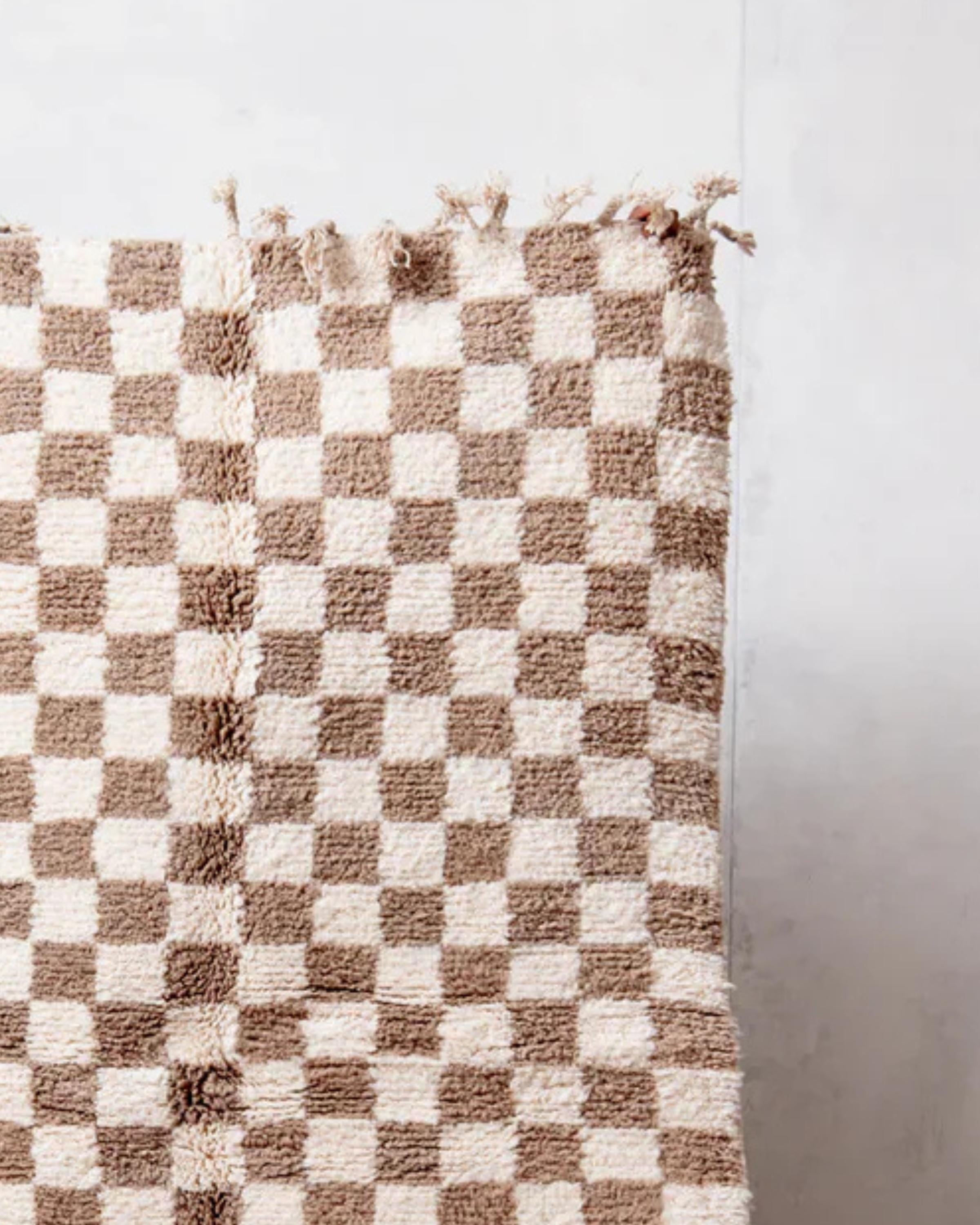 Handwoven Moroccan Shag Rug: Neutral Brown Checkered Plush Rug