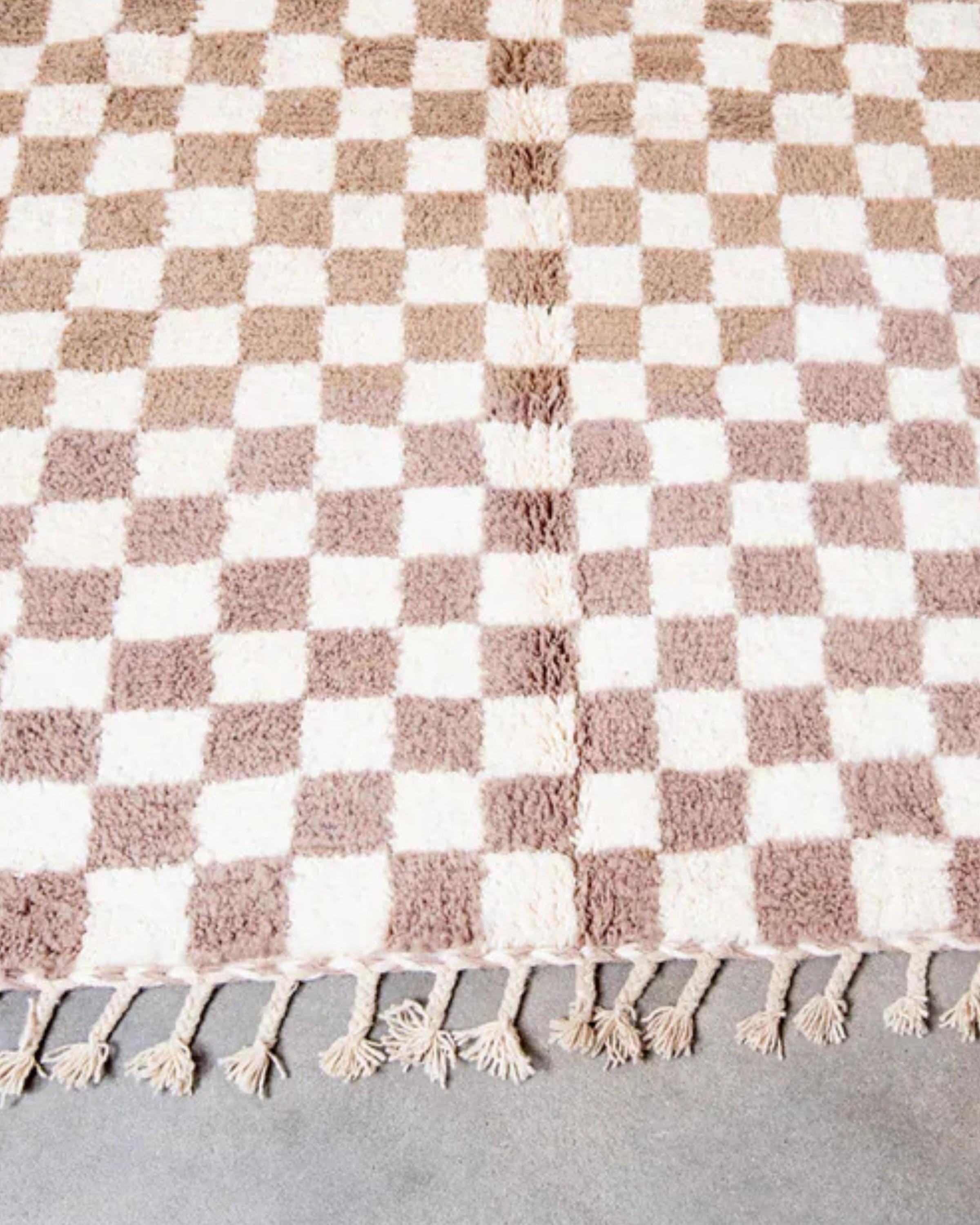 Handwoven Moroccan Shag Rug: Neutral Brown Checkered Plush Rug