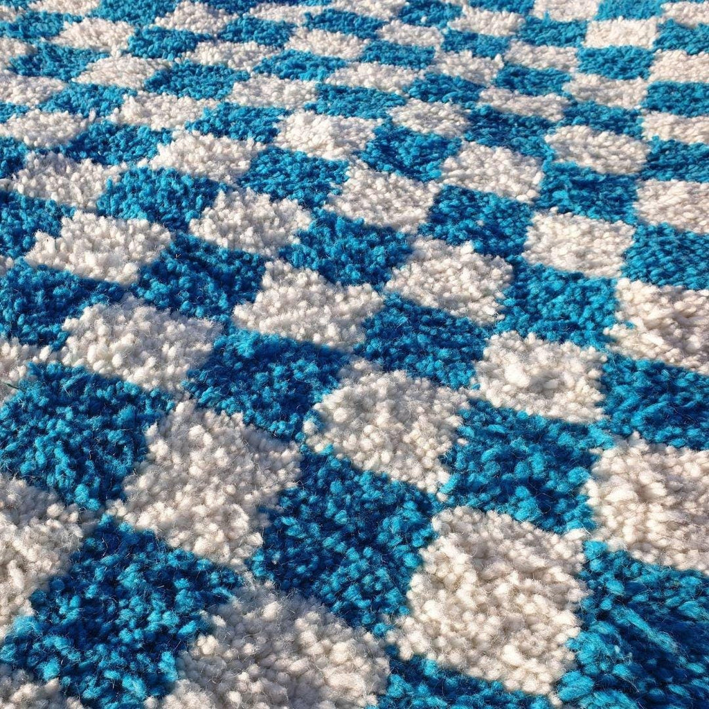 Blue Checkered Moroccan Rug: Handwoven Wool Checkerboard Boujaad Rug