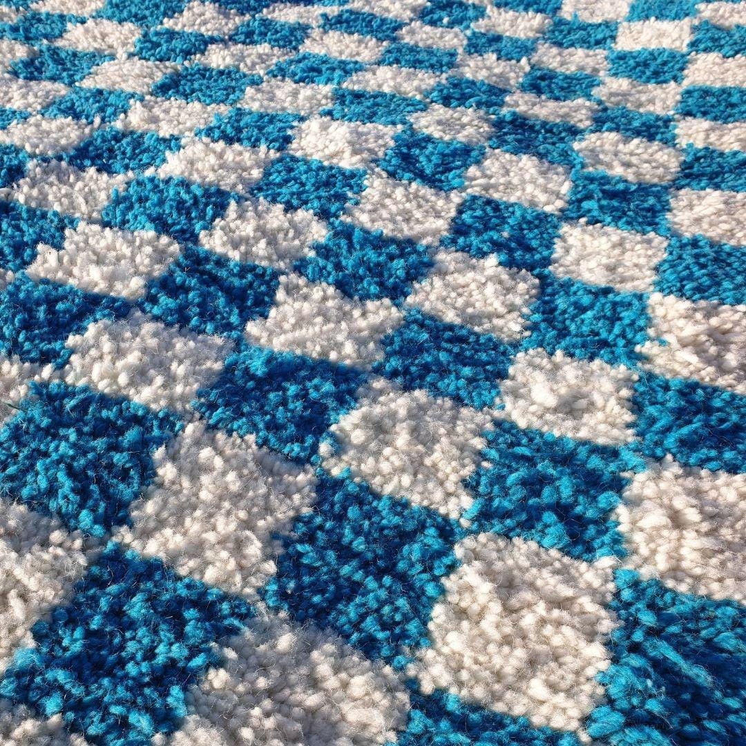 Blue Checkered Moroccan Rug: Handwoven Wool Checkerboard Boujaad Rug