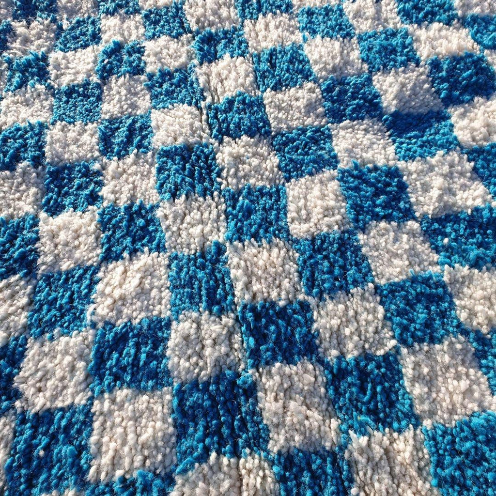 Blue Checkered Moroccan Rug: Handwoven Wool Checkerboard Boujaad Rug
