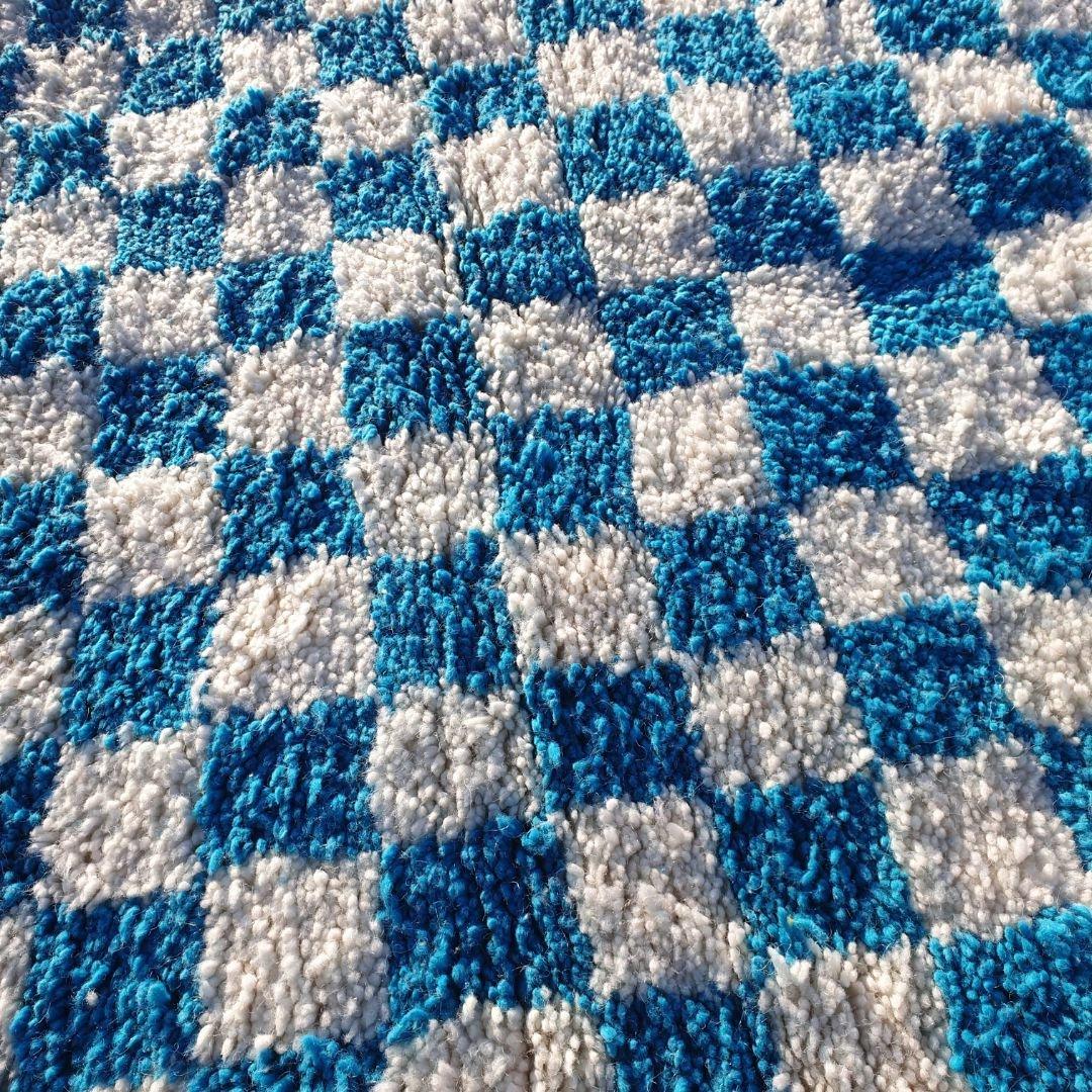Blue Checkered Moroccan Rug: Handwoven Wool Checkerboard Boujaad Rug