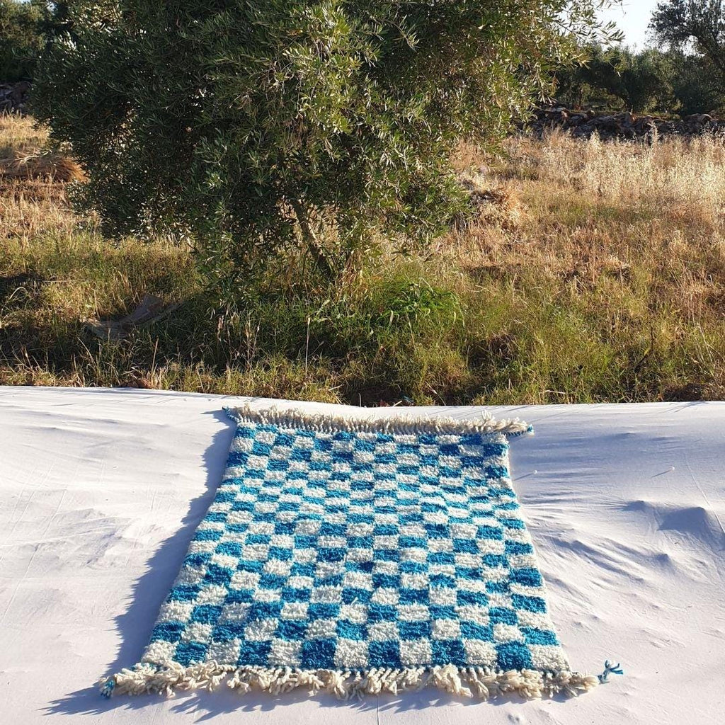 Blue Checkered Moroccan Rug: Handwoven Wool Checkerboard Boujaad Rug