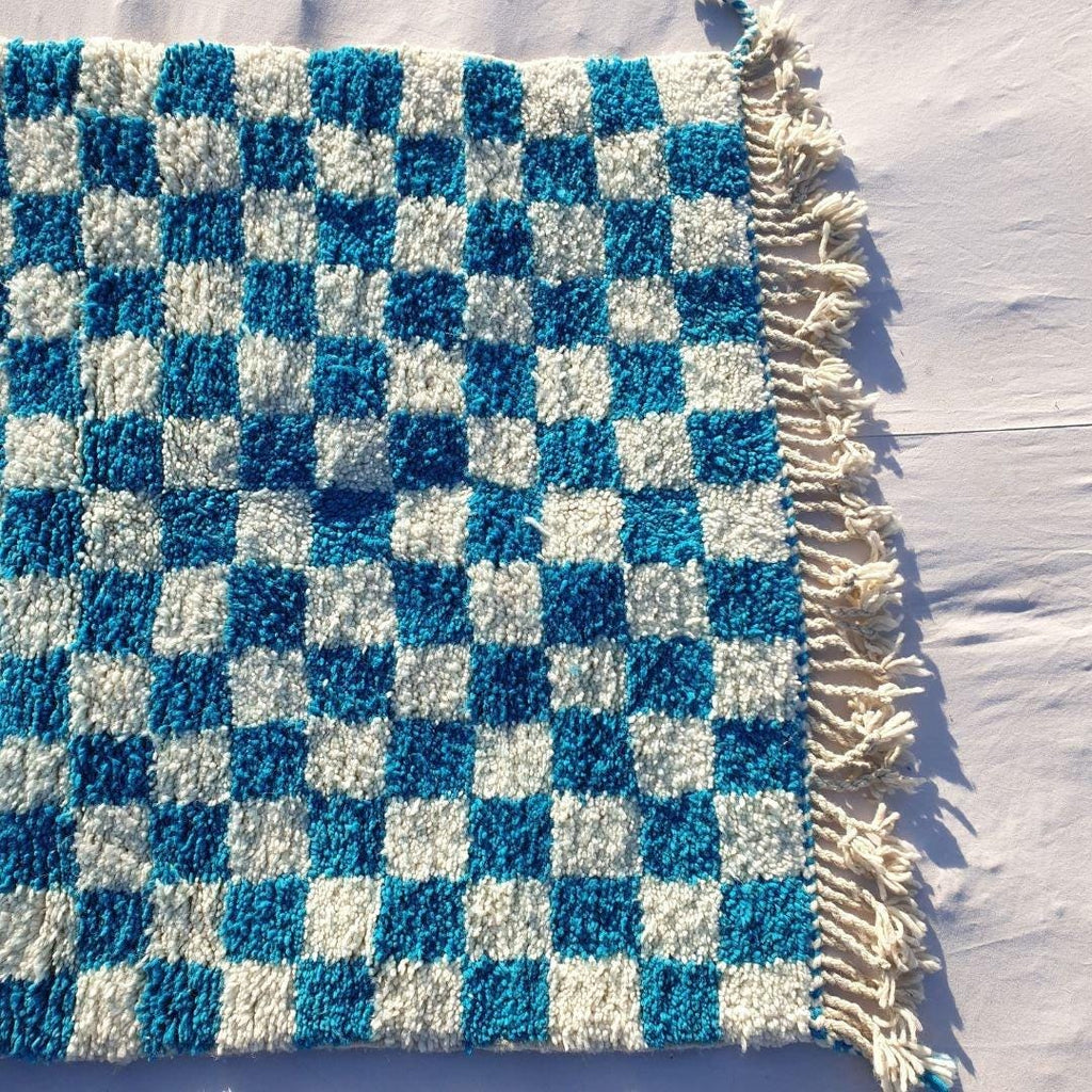 Blue Checkered Moroccan Rug: Handwoven Wool Checkerboard Boujaad Rug