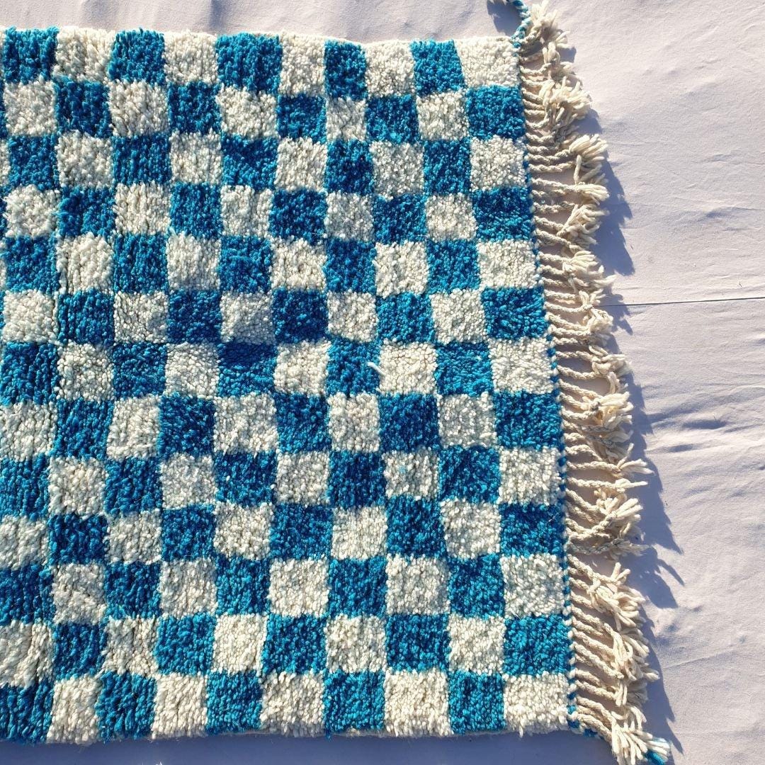 Blue Checkered Moroccan Rug: Handwoven Wool Checkerboard Boujaad Rug